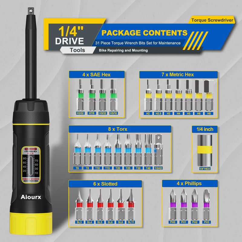 Long Shank Torque Screwdriver Set, 10-80 Inch Pounds lbs, 32 Piece 1/4" Drive Torque Screwdriver Wrench with S2 Steel Bits for Bicycle Mechanics, Mechanical Equipment, and Mounting 10-80 in-lb L