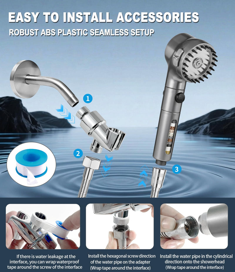 Ion Drops Filtered Shower Head with Handheld, High Pressure Water Flow Filter Showerhead for Hard Water Boosting with ON/OFF Switch and Rotatable Head (Silver gray) Silver gray