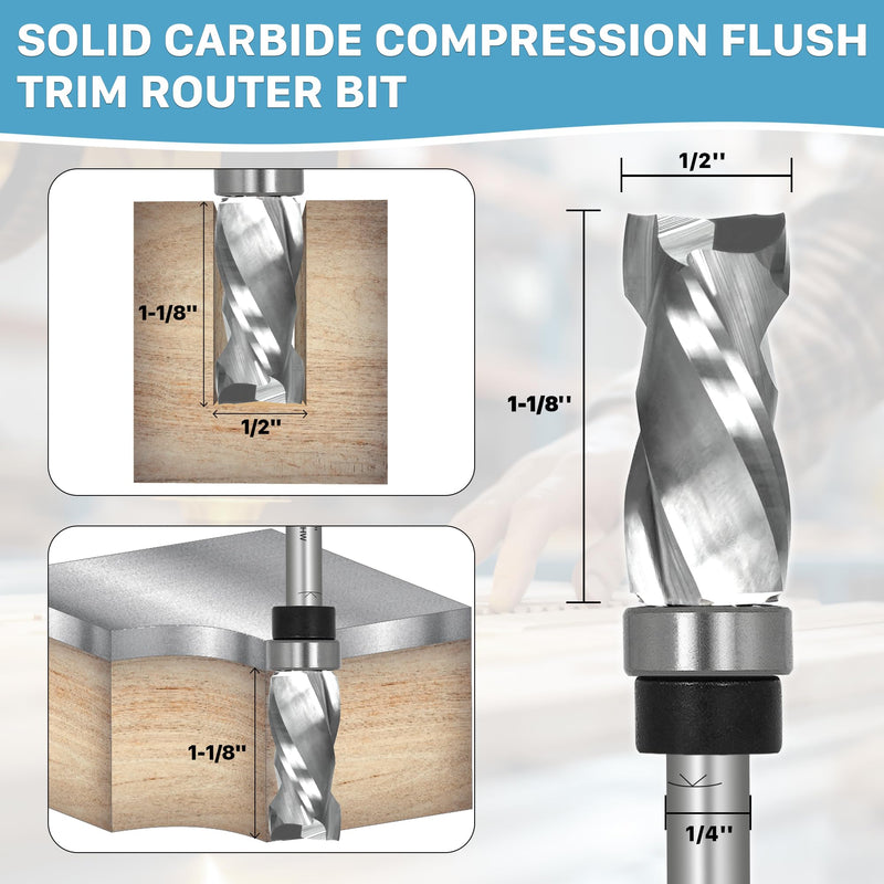 KEENTECH Solid Carbide Compression Flush Trim Router Bit, 1/4" Shank, 1/2" Cutting Dia x 1-1/8" Cutting Length, 2+2 Flute Pattern & Template Router Bit with Top Bearing 1/4" Shank - 1/2" Dia - 1-1/8" CL