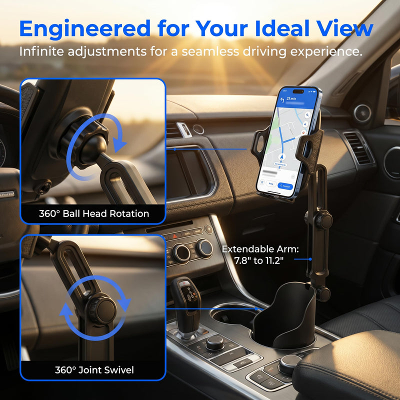 Cup Holder Phone Holder for Car, Car Phone Mount for Your Car | 360°Rotation Cell Phone Holder Mount for Car, Universal Cup Holder Phone Holder Compatible with iPhone & Smartphones Black