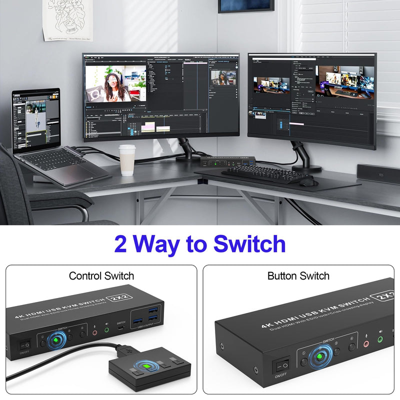 USB 3.0 HDMI KVM Switch 2 Montiors 2 Computers, 4K@60Hz KVM Switch Dual Monitor with 3 USB 3.0 Ports and Audio, 2 Port KVM Switch with Dual Monitor Cross Display for 2 Computers
