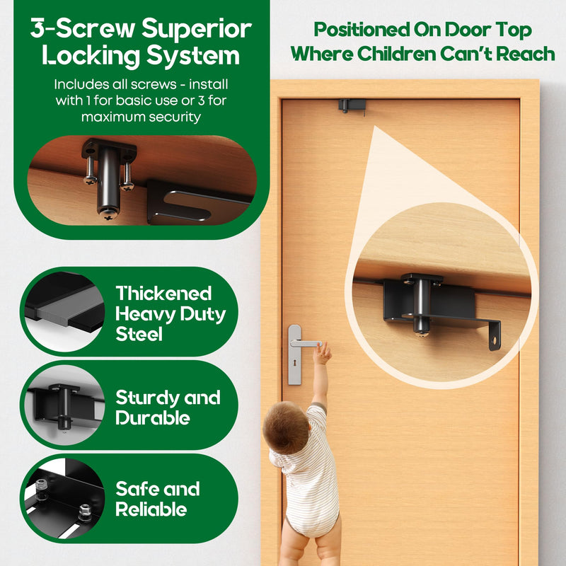 Child Safety Door Top Lock, Child Proof Door Top Lock, Top Door Lock for Kids Safety, Adjustable Lock Child Safety Top Lock, Sliding Door Lock for Kids Safety, Sturdy Metal, Black, 2 Pack 2 Pack - Black