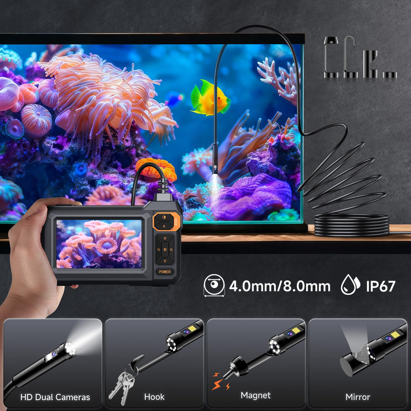 Dual Lens Endoscope Camera with Light, FFXET 4.3" IPS 1080P HD Inspection Camera, 8 Adjustable LEDs, 16.4ft Semi-Rigid Snake Cable, IP67 Waterproof, Borescope for Automotive,Sewer,HVAC,Wall, Men Tools 4.3'' Dual-Lens