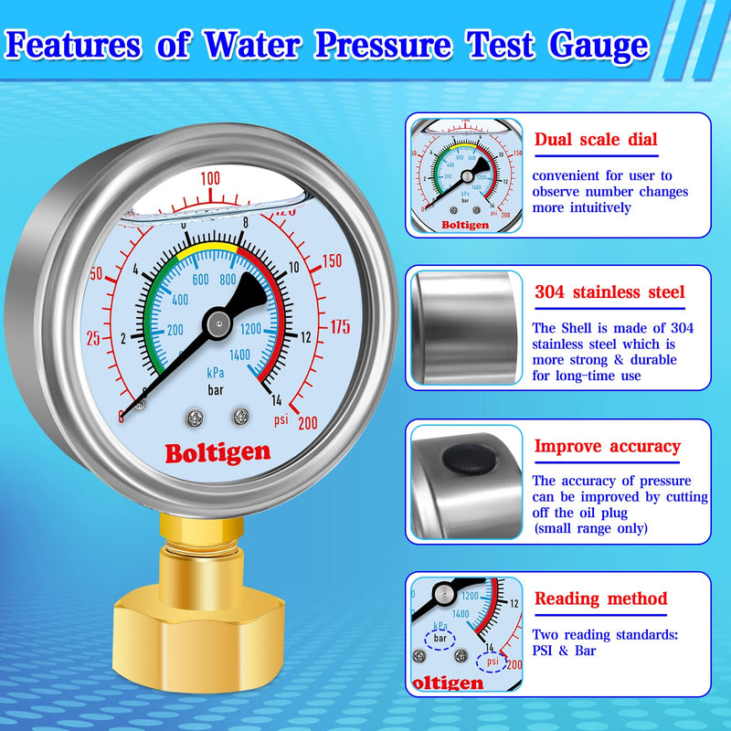 Water Pressure Gauge, 0-200 Psi Pressure Gauge Filled with Oil, 3/4" GHT Female Thread Water Pressure Test Gauge with 3 Adapters,for Home, Industrial, Garden Multiple Locations Pressure Test Style 1