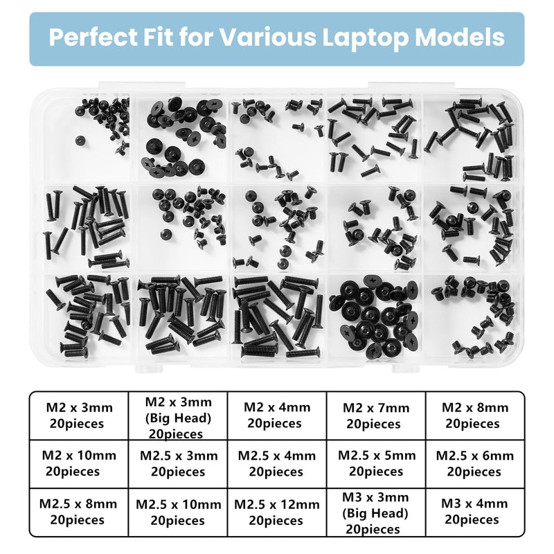 300Pcs Laptop Screws Notebook Computer Tiny Screw Kit 15 Sizes | M2 M2.5 M3 Laptop Replacement Computer Screws for Motherboard SSD PC Fan Hard Drive