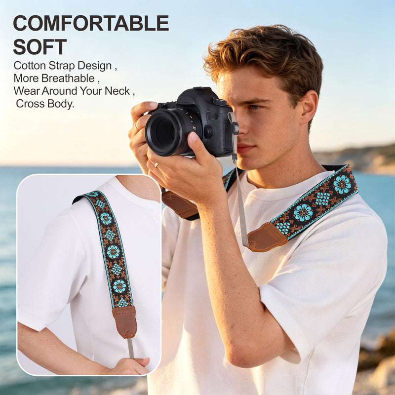 Padwa Lifestyle Camera Strap - 2" Crazy Horse Cowhide Ends Adjustable Camera Straps for Photographers, Soft Fabric Embroidered Cotton Strap Quick Release fits All Cameras(Blue Flower) B# - Blue Flower Embroidery 2 inch Wide / Adjustable 34~57 inch