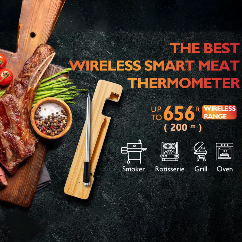 Smart Meat Thermometer 656FT Remote Range Digital Cooking Food Thermometer with Cordless Probe Real-Time Readings from Apps IP68 Waterproof for BBQ, Oven, Grill, Smoker, Air Fryer, Kitchen Small