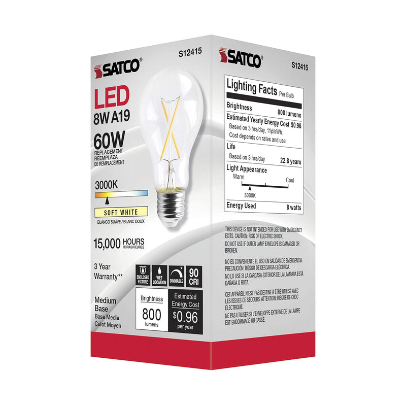 Satco 8 Watt LED A19 Clear Light Bulbs - Medium Base - 3000K Soft White - 120 Volt (6 Pack)