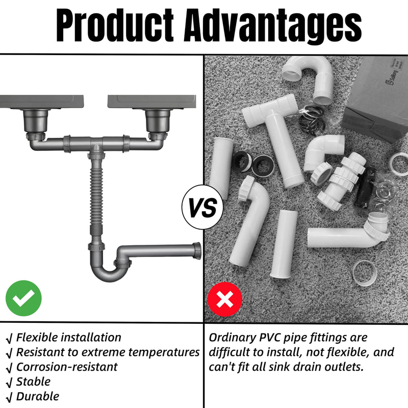 1-1/2" Double Kitchen Sink Drain Pipe kit, Expandable and Flexible P-Trap, Wall-Outlet, Completed Sink Pipe Replacement Kit