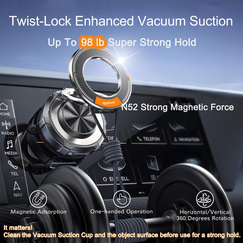 Magnetic Phone Mount, Car Phone Holder for MagSafe, Enhanced Vacuum Suction Cup, 360° Adjustable, Strong N52 Magnets, Zinc Alloy, Cell Phone Accessories for iPhone 17 16 15 14 13 12 Series, and More