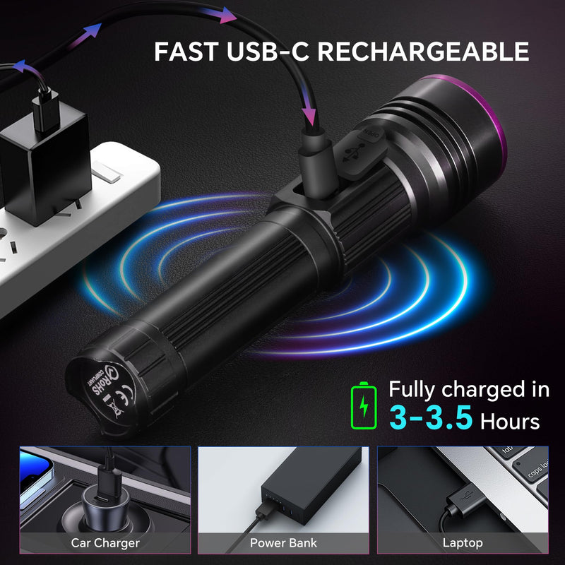 365nm UV Flashlight Rechargeable, Black Light Flashlight with LCD Display, Powerful Ultraviolet Lights for Pet Urine Detection, Resin Curing, Rockhounding, Scorpion, Uranium Glass, A/C Leak
