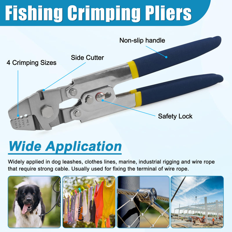 Fishing Crimping Tool Kit Stainless Steel Crimp Pliers Wire Rope Crimping Tool + 590pcs Crimp Sleeves Beads Kit,8 Crimping Sizes