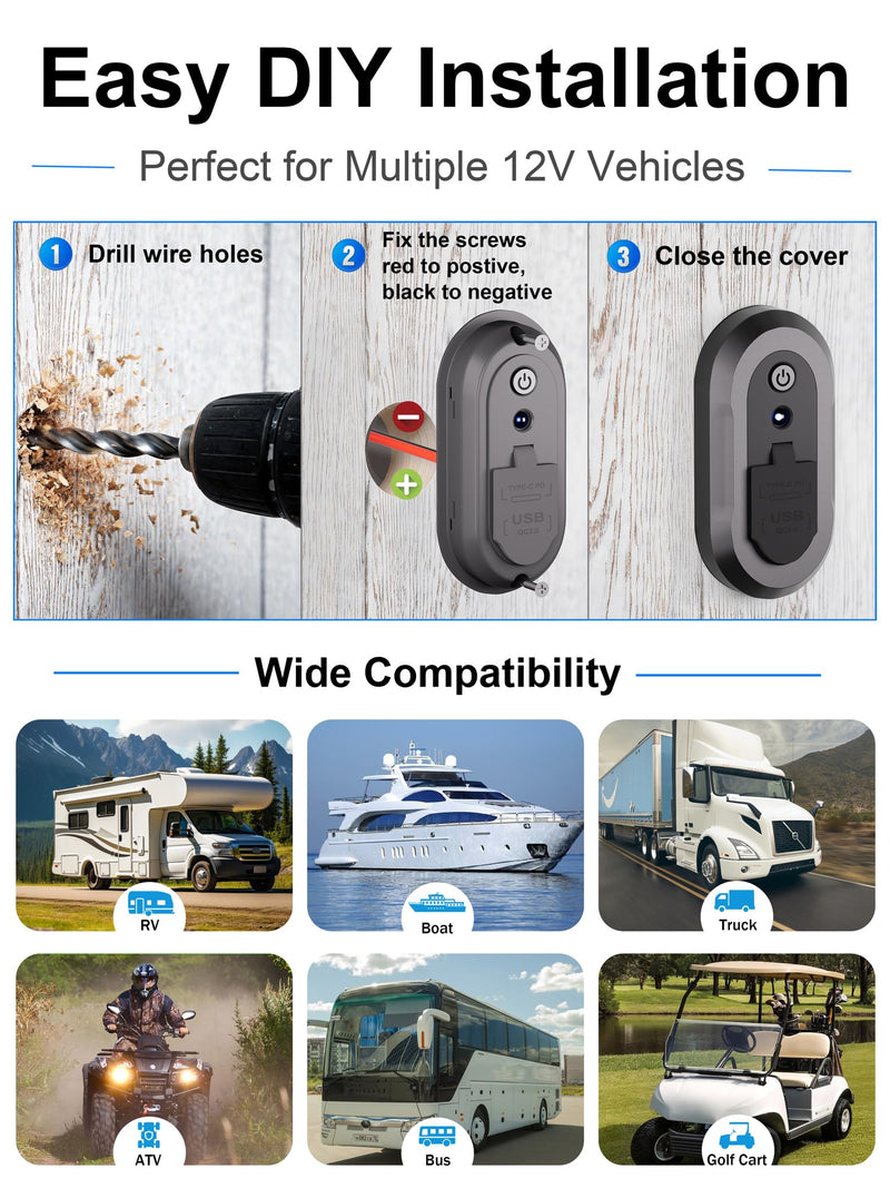 12V USB Outlet RV 3 Ports Car Power Charger 78W Fast Charging Panel Socket | Dual PD 3.0 QC 18W Car Lighter Adapter with Switch & Blue Indicator Light USB C 30W Wall Mount for Marine Bus Boat ATV Truck