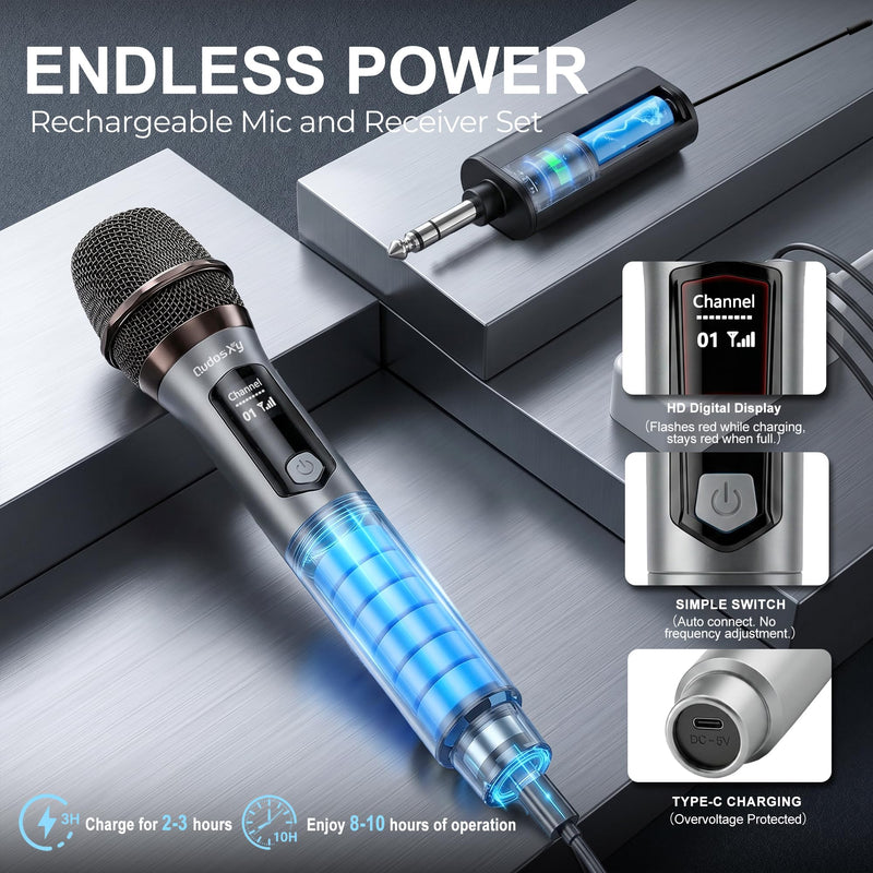 Wireless Microphone, Dual Handheld Dynamic Mics with Rechargeable Receiver, 200ft Range, 12H Duration, Portable Karaokee Microphone for Singing, Speaking & Wedding