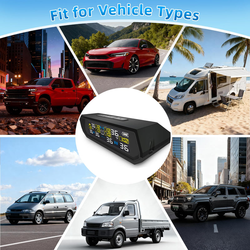 Tire Pressure Monitoring System TPMS, Solar Charge Tire Pressure Monitor with 4 External Sensors & 6 Alarm Modes, 0-99 PSI, Real-time Wireless TPMS for Car Sedan SUV Pickup - with 4 Tire Valve Caps 4 Sensors