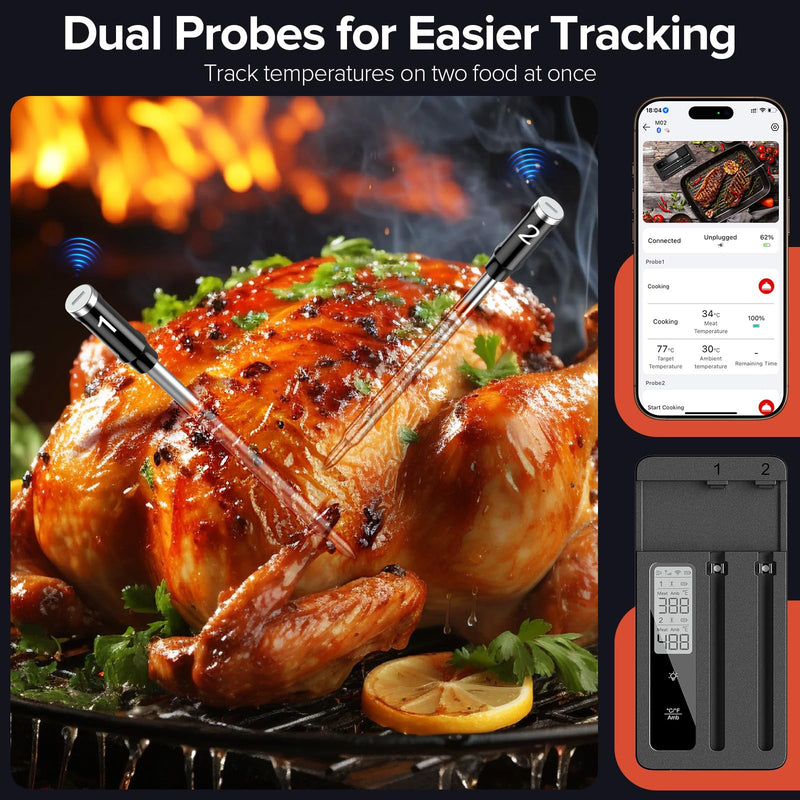 Smart Wireless Meat Thermometer with Dual Probes - Advanced Bluetooth Cooking Thermometer for Perfect Grilling, Smoking, Oven Roasting & Air Frying, Long Range Monitoring & Smart Alerts BLACK