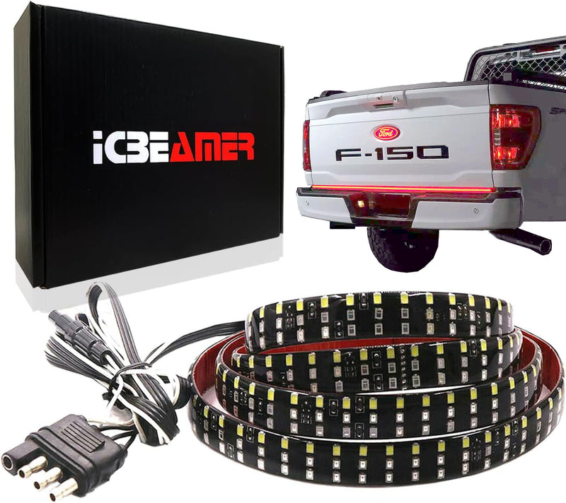 ICBEAMER Triple Row 60 inch 504 pcs LED for Pick up/Truck Tailgate Light Bar Side Bed Light Strip Bar IP67 Waterproof Reverse- 6 Functions Tail/Brake/Sequential/Turn Signals/Reverse/Flashing Lights Triple Rows