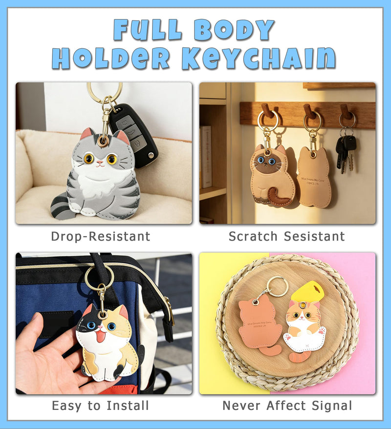 Keychain Holder Case Compatible with AirTag, PU Leather Access Card Cover with Key Ring for Suitcase, Bag, Car Keys Siamese Cat