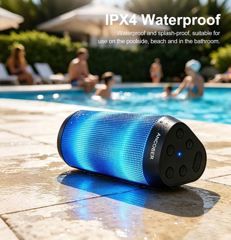 Portable Bluetooth Speaker, Powerful HD Stereo Loud/30H Playtime/IPX4 Waterproof for Outdoor Home/8 Dynamic Lights/Wireless BT 5.3/AUX, Travel|Camping|Beach Essentials, School Supplies, Birthday Gifts Black