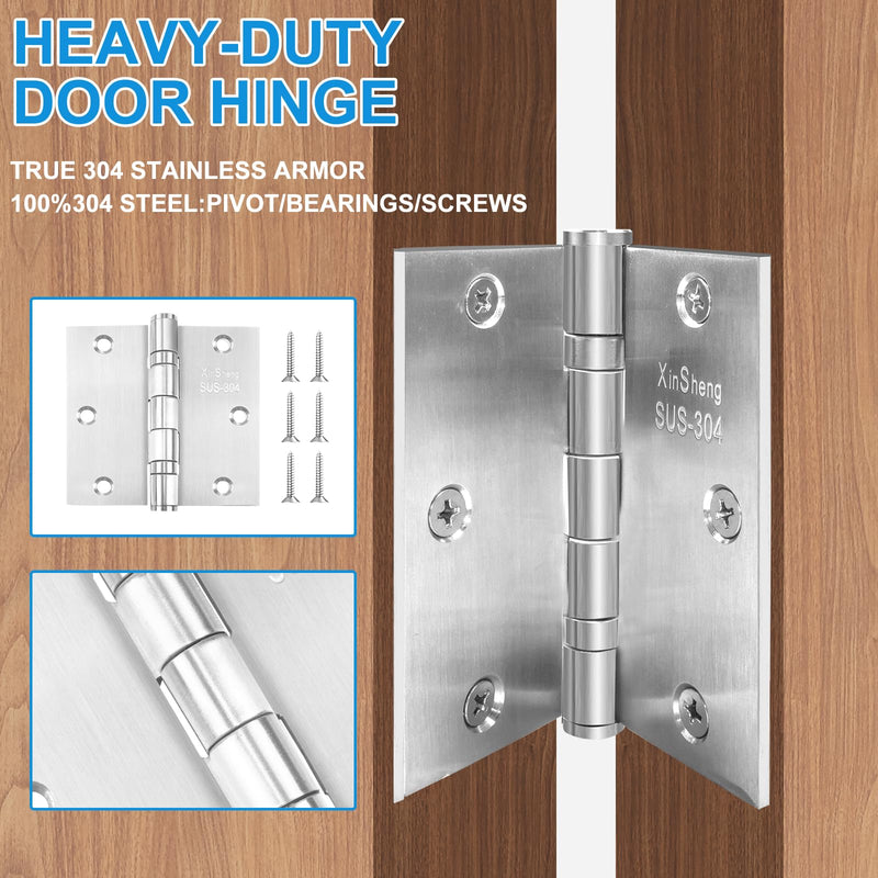 3.5" 304 Stainless Steel Door Hinges XINSheng Security 3 Pack | Ball Bearing Smooth | Square Corner | Non-Detachable Security Pin | 304 Steel Rust Proof | Interior & High-Salt Environments
