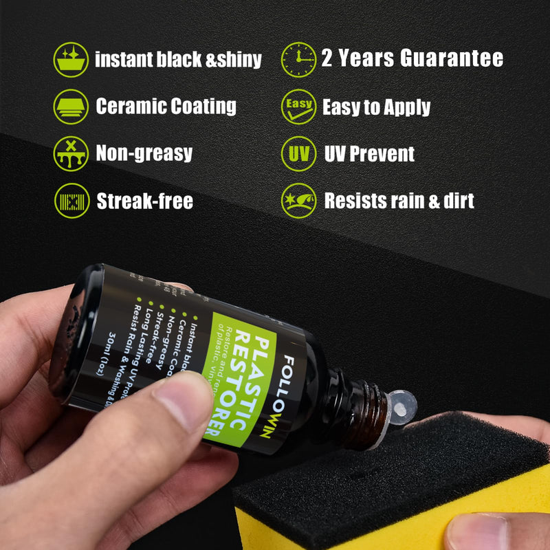 FOLLOWIN Plastic Restorer for Cars - Black Trim Restorer & Ceramic Coating, Resists Water, UV Rays, Dirt, Not a Dressing, Hydrophobic Protection, Highly Concentrated Formula,30ml 30ml