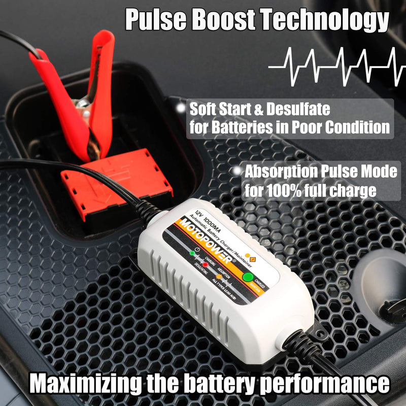MOTOPOWER MP00205B 12V 1000mA Automatic Battery Charger, Battery Maintainer, Trickle Charger, and Battery Desulfator with Timer Protection - Grey a) - Grey