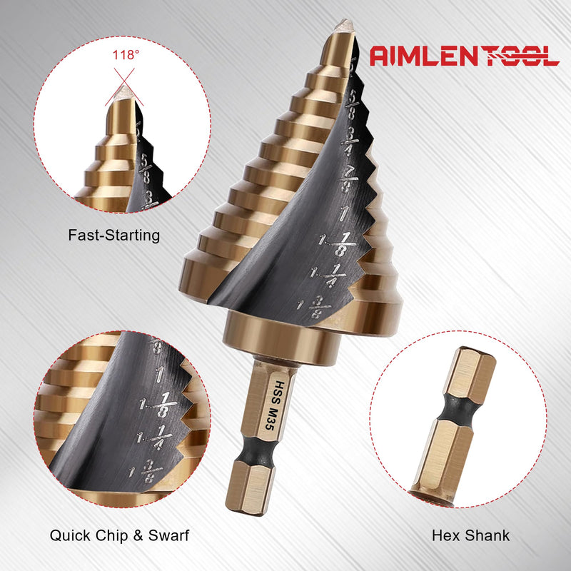 Cobalt Step Drill Bit Set, Hex Shank Step Drill Bit with Automatic Center Punch for Metal, Stainless Steel, Aluminum, Wood, and Plastic, Storage in Aluminum Case for DIY Lovers, 50 Sizes M35-6PC