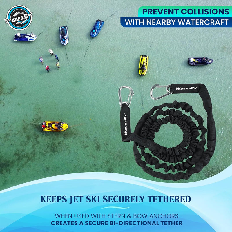 WAVESRX AnchorMate Bungee Line | Boat Bungee Dock Lines for Boats, PWCs & Kayaks | Absorbs Shock from Swells & Wind, Prevents Anchor Dislodging | Perfect for Anchoring, Mooring & Tethering 7-14 BLACK