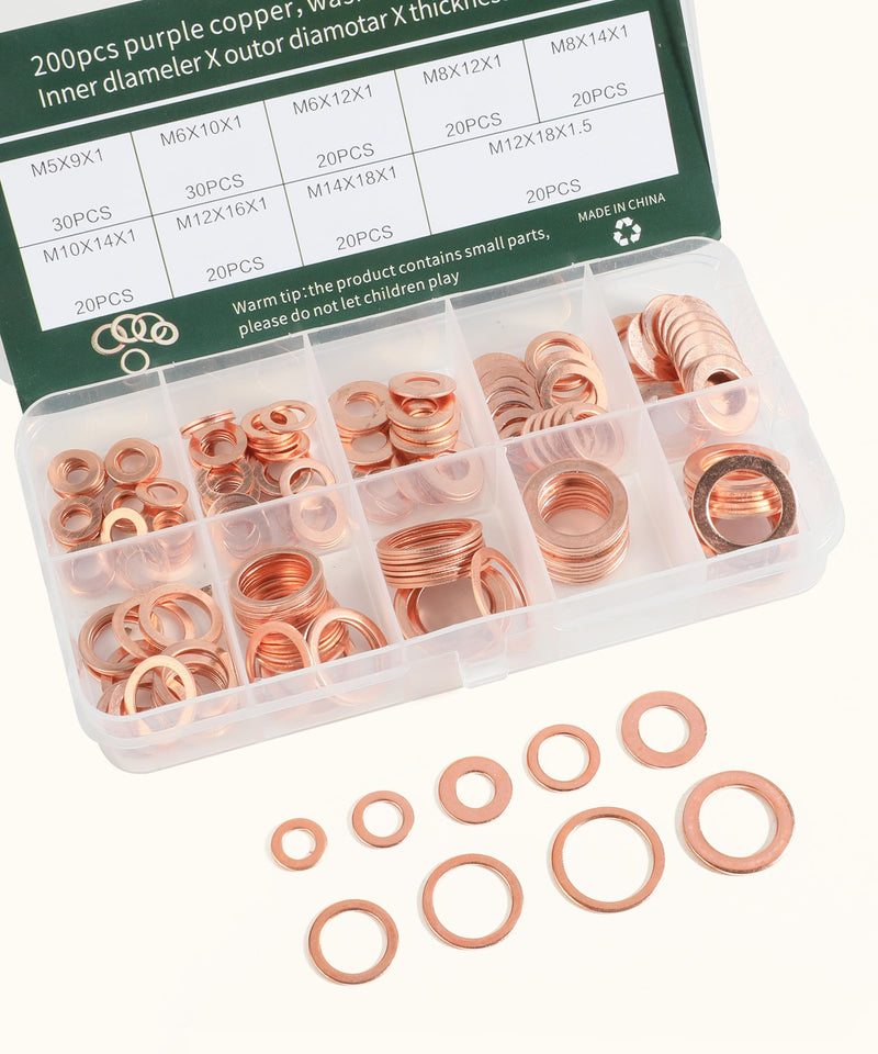 200PCS Crush Washer,Crush Washer Oil Drain Plug,Car Accessories Crush Washer Assortment,M5 M6 M8 M10 M12 M14 Metric Copper Washers,Oil Drain Plug Crush Washer,Suitable for Most Vehicles