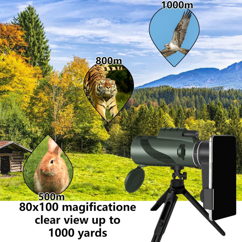 Monocular-Telescope 80x100 High Powered Monoculars High Definition for Adults High Powered with Smartphone Adapter Telescope Hunting Wildlife Bird Watching Travel Camping Hiking-Green green