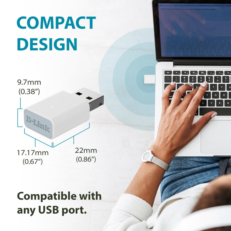 D-Link AC1300 USB WiFi Adapter —2.4/5GHz Dual Band Wireless Internet Travel Size for Desktop PC Laptop —MU-MIMO Plug & Play —Supports Windows 10/11 Drivers —WPA3 Enhanced Security (AC13U) AC1300 USB Adapter White