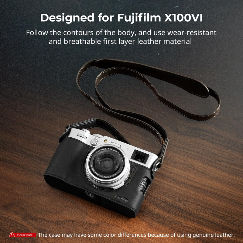 SMALLRIG Retro Half Leather Case for Fujifilm X100VI with Neck Strap, Black | Genuine Leather Half Case with Aluminum Alloy Frame and Shoulder Strap