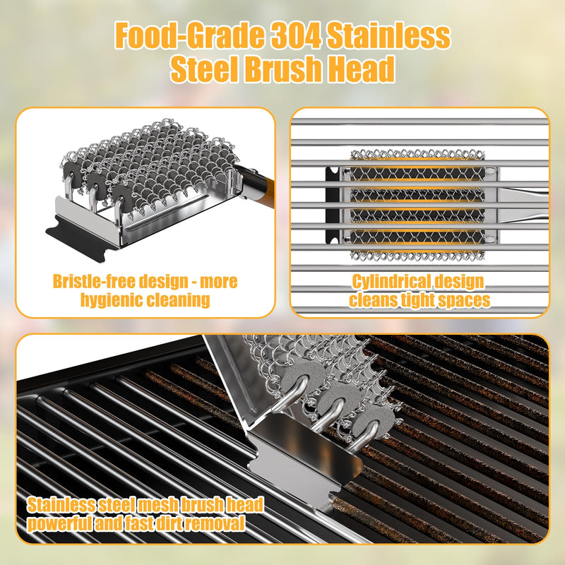 HOUSE AGAIN Grill Brush Bristle Free, 304 Stainless Steel Food-Grade Brush Head with Scraper, Safe BBQ Outdoor Grill Cleaning Brush Strong Barbecue Brush Cleaner Non Wire for Grill Grate/Wooden Handle Wood