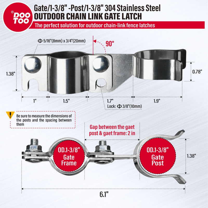 Stainless Steel 1-3/8" x 1-3/8" Chain Link Gate Latch （Fit 1-3/8" Gate Frame）, Heavy Duty Chain Link Fence Gate Fork Latch with Hole for Padlock 2Pack 1-3/8"x1-3/8" 2