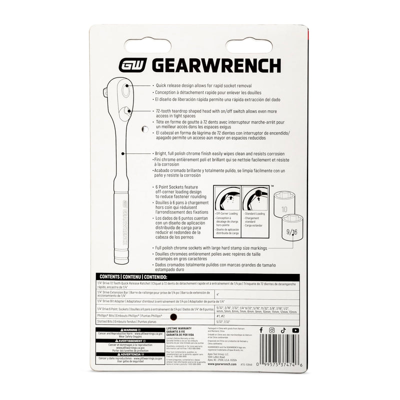 GEARWRENCH Mechanics Hand Tool Set, 27 Pc, 1/4 in Drive, Socket Rail and Bit Holder, Metric/SAE | GWXSCBMTS14 SAE/Metric 27 Piece