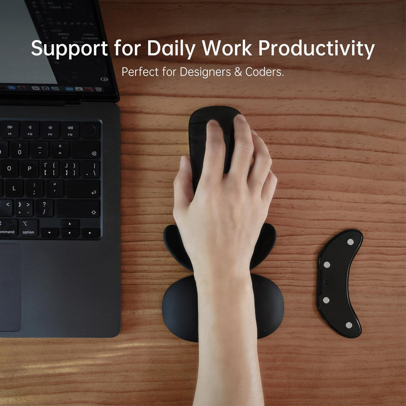 Height-Adjustable Mouse Palm & Wrist Rest, Magnetic Gliding Dual Support | Ergonomic Carpal Tunnel Support, Pain Relief, Anti-Fatigue, Easy Glide, Office, Computer, Laptop, Gaming, Right-Handed, Black