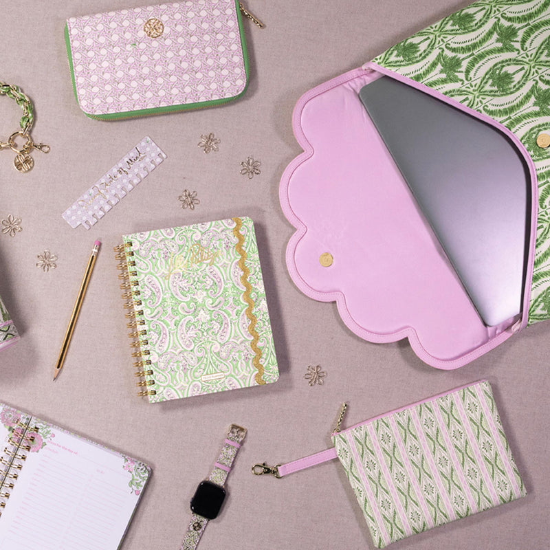 Lilly Pulitzer Padded Laptop Sleeve and Pouch Set, Textured Palm Stripe | Neoprene 16” Computer Case with Matching Zip Pouch, Magnetic Closure Envelope Laptop Bag with Scallop Trim & Storage Pocket