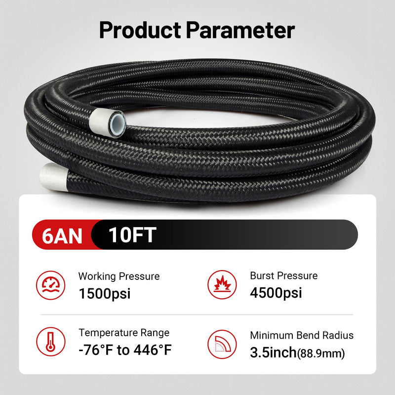 EVIL ENERGY 6AN PTFE Fuel Hose Line, AN6 Fuel Line E85 Nylon Braided 10FT Black 5/16 Inch ID 6AN 10FT