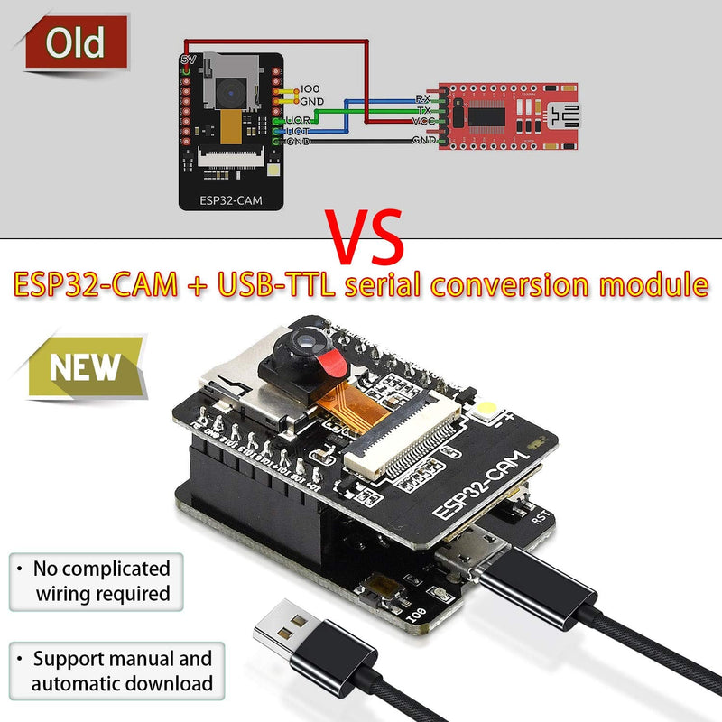 Aideepen ESP32-CAM W-BT Board ESP32-CAM-MB Micro USB to Serial Port CH-340G with OV2640 2MP Camera Module Dual Mode+2PCS OV2640 Camera 160° Wide-Angle Lens