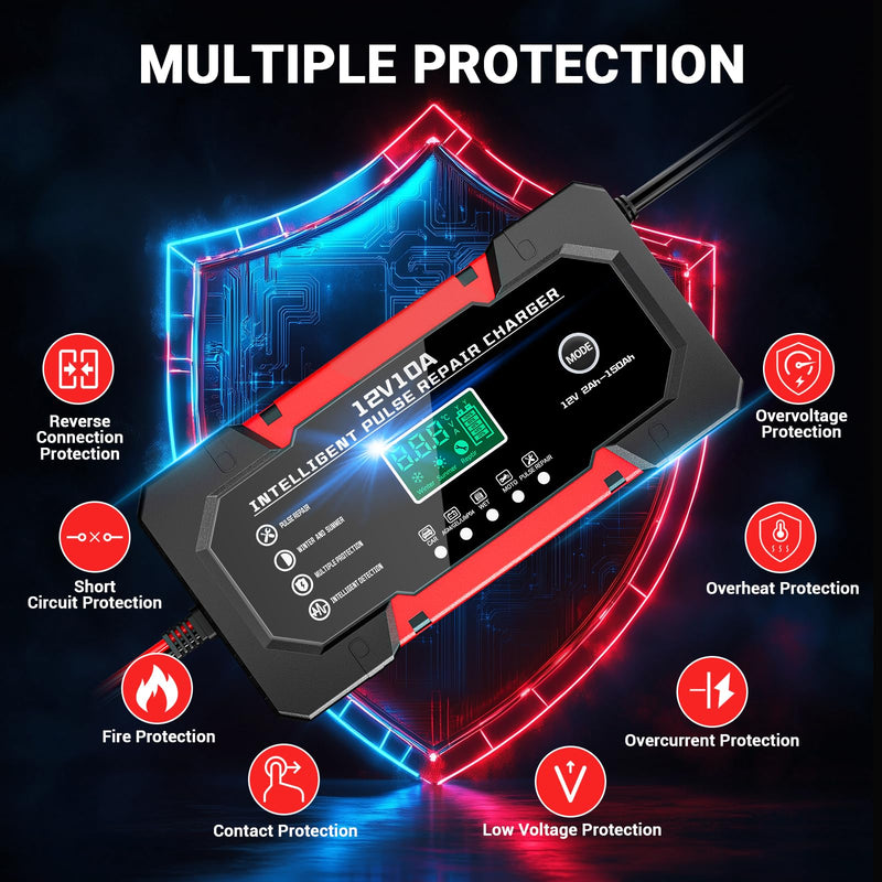 Battery Charger 10A 12V Fully Automatic Smart Car Battery Charger with LCD Display & Temperature Compensation for Car Motorcycle Vans Red 10A