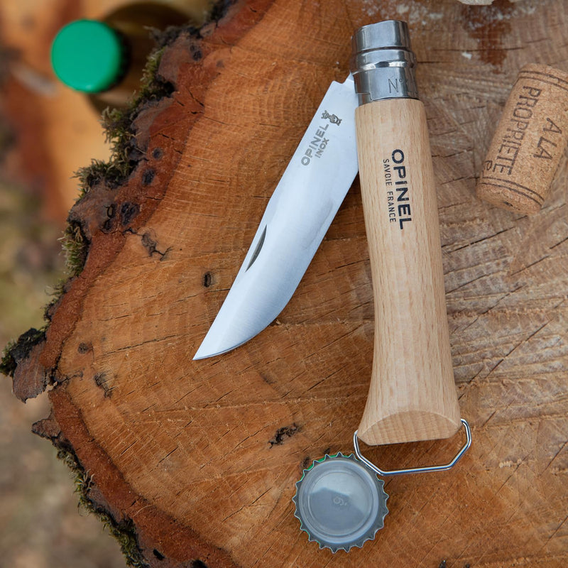 Opinel No. 10 Stainless Steel Corkscrew Wine and Cheese Folding Knife, Integrated Corkscrew + Bottle Opener, Beechwood Handle - Picnic Pocket Knife Made in France (Updated Version) Updated Version