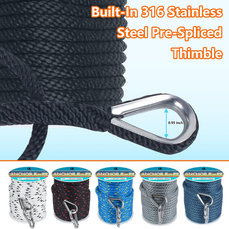3/8 Inch 50 FT Anchor Rope, Boat Anchor Rope Solid Braid MFP, Anchor Line with 316 Stainless Steel Thimble and Snap Hook - Black 3/8inx50ft