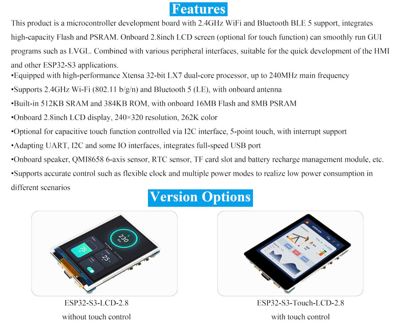 ESP32-S3 2.8inch Display Development Board, 240×320, IPS Screen, 32-bit LX7 Dual-Core Processor, Up to 240MHz Frequency, Supports WiFi & Bluetooth, with Onboard Antenna, ESP32 with Display (No Touch)