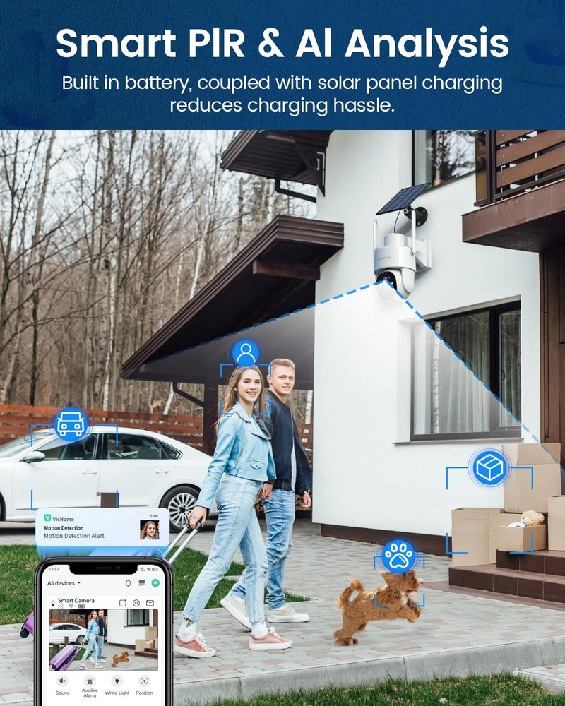 Solar Security Cameras Wireless Outdoor,360° View Battery Powered with Spotlight Color Night Vision,2K WiFi Home Security,PIR Sensor,Wireless Easy Install, 2.4 GHz Wi-Fi White WiFi 1 Pack