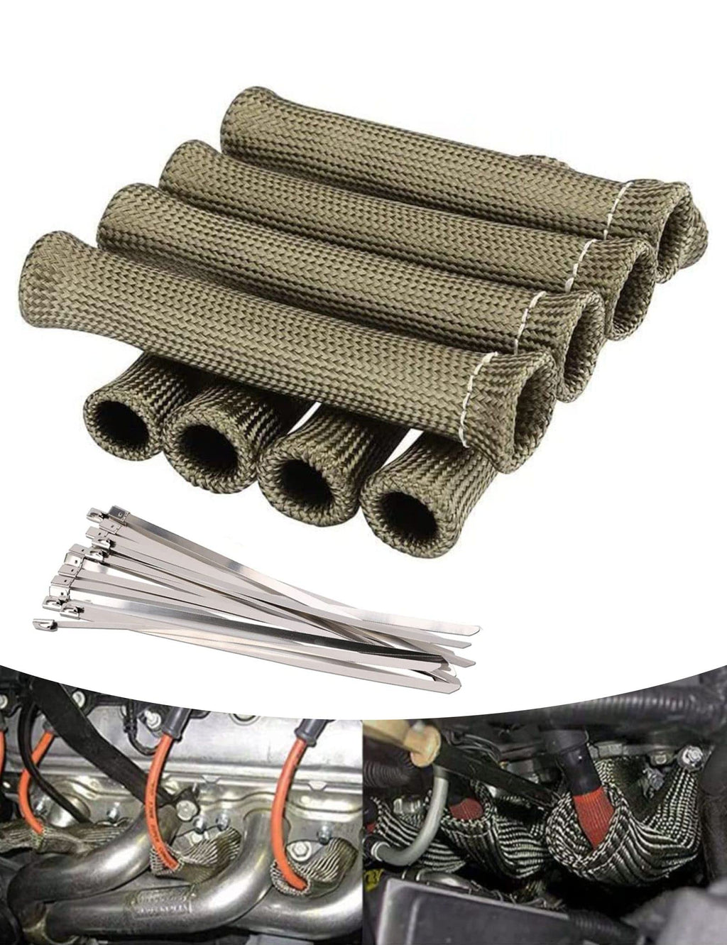 Spark Plug Wire Heat Shield Spark Plug Wire Boots Heat Shield Protector Sleeve 2500 Degree Spark Plug Heat Cover Wrap 6 Inch for SBC BBC 350 454 8PCS with 16pcs Stainless Steel Wire Ties (Titanium) Titanium