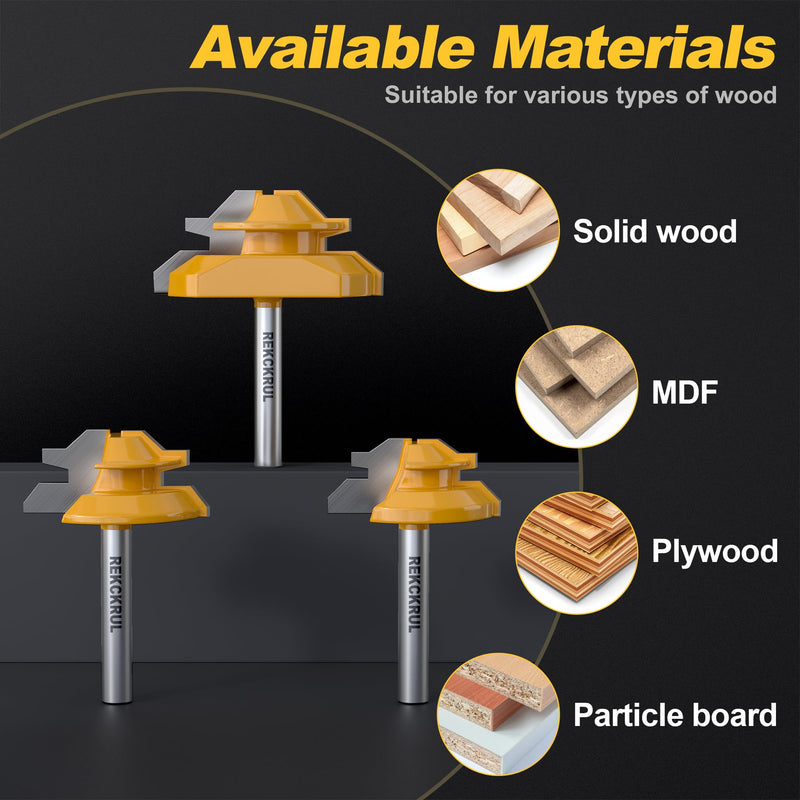 Professional 3 PCS 45 Degree Lock Miter Router Bit Set - Carbide Tipped, 1/4" Shank, Cutting Height: 1/2", 5/8", 3/4", Woodworking Tools for Cabinets, Drawers, Doors & Furniture 1/2", 5/8", 3/4" Cutting Heights 1/4" Shank - 3 Piece Set