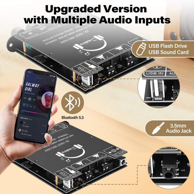 Daakro ZK-1002T Pro Max 2.0 Channel Bluetooth 5.3 Amplifier Board 100W+100W HiFi Audio AMP with Treble and Bass, TWS,BT USB and AUX Inputs, DC 12-24V 2.0 Channel Stereo AMP Module for DIY Speakers