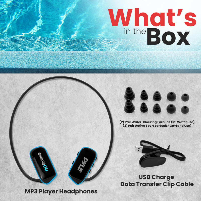 Pyle Flextreme Waterproof Sports Wearable MP3 Headset Music Player 8GB Underwater Swimming Jogging Walking Gym Earphones Earbuds Rechargeable Comfortable Flexible Headphones USB Connection (PSWP14BK)