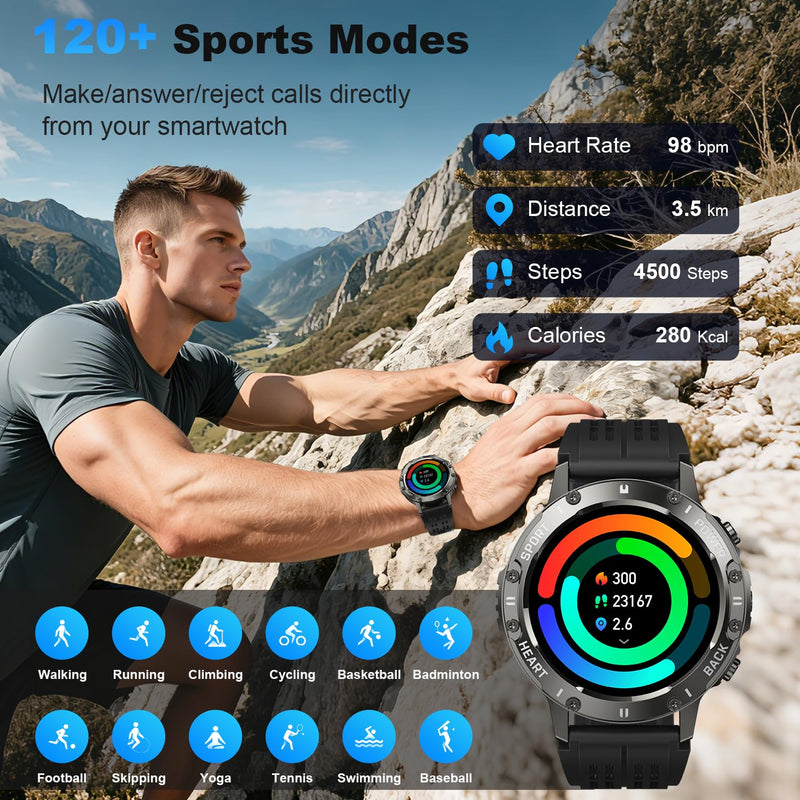 Smart Watch for Men Fitness Tracker: Waterproof Make Answer Call Running Digital Mens Watches Military Smartwatch Android Phone iPhone Samsung Compatible SpO2 Sleep Heart Rate Monitor Step Pedometer Black