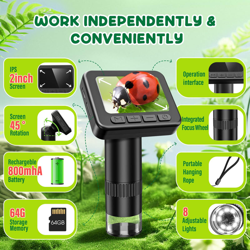 IMICHI Microscope for Kids 50X-1000X Magnification- 2 inch IPS HD Screen, 32GB storage Card, 1080P Video, 2-Hour Battery Life, Easy Carry, Slides Included - Perfect Science Kit Gift for Kids Ages 8-12 Black With SDcard&Slides